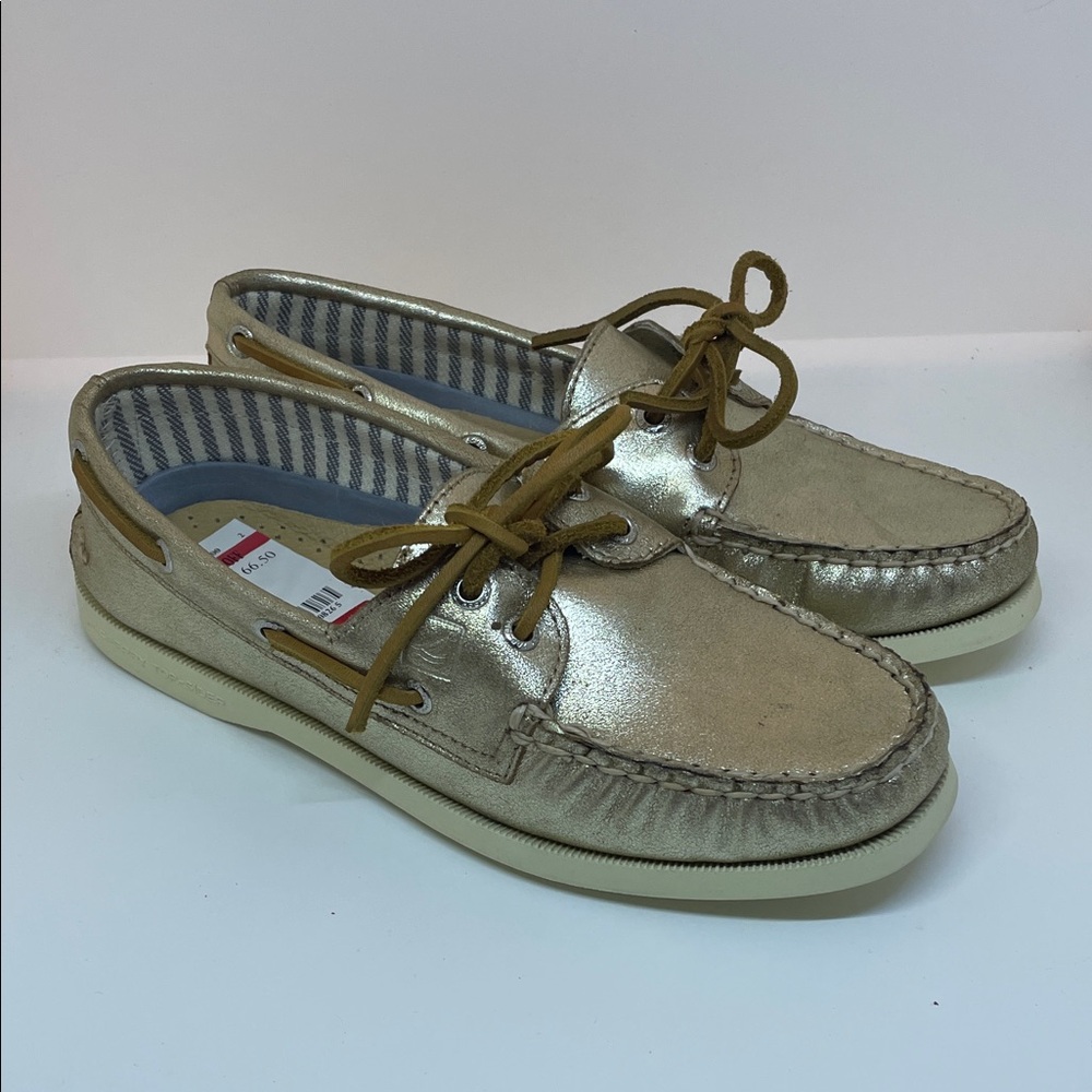 Sperry Top-Sider - Metallic Platinum Boat Shoes with Brown Laces